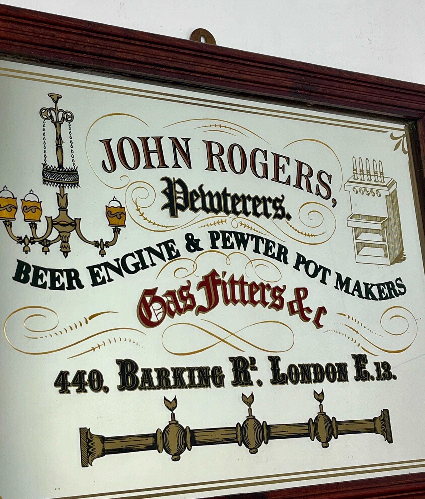 Vintage John Rogers, Pewterers Beer Engine & Pewter Pot Makers, Advertising Mirror, Victorian London photo for sale