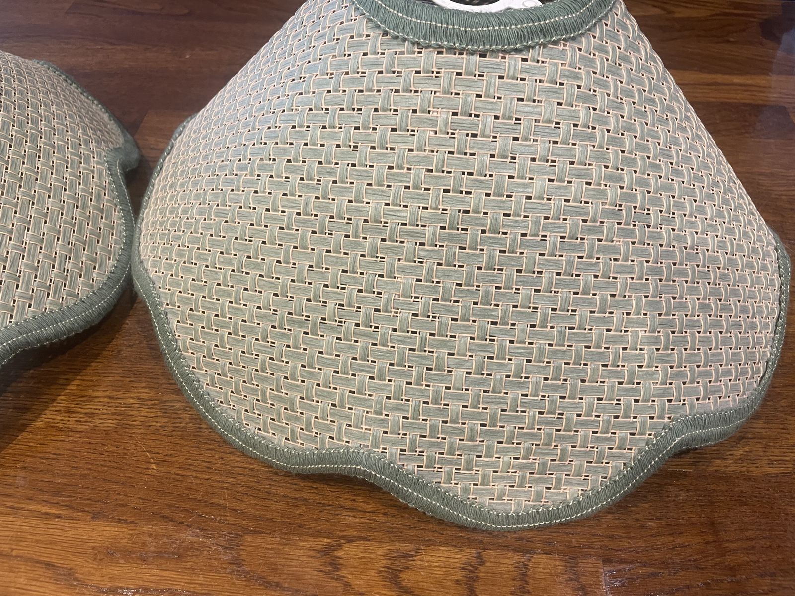 Retro Lamp Shades X 2 Wicker Coolie Hat Shape Green Trim Scalloped Edge photo for sale
