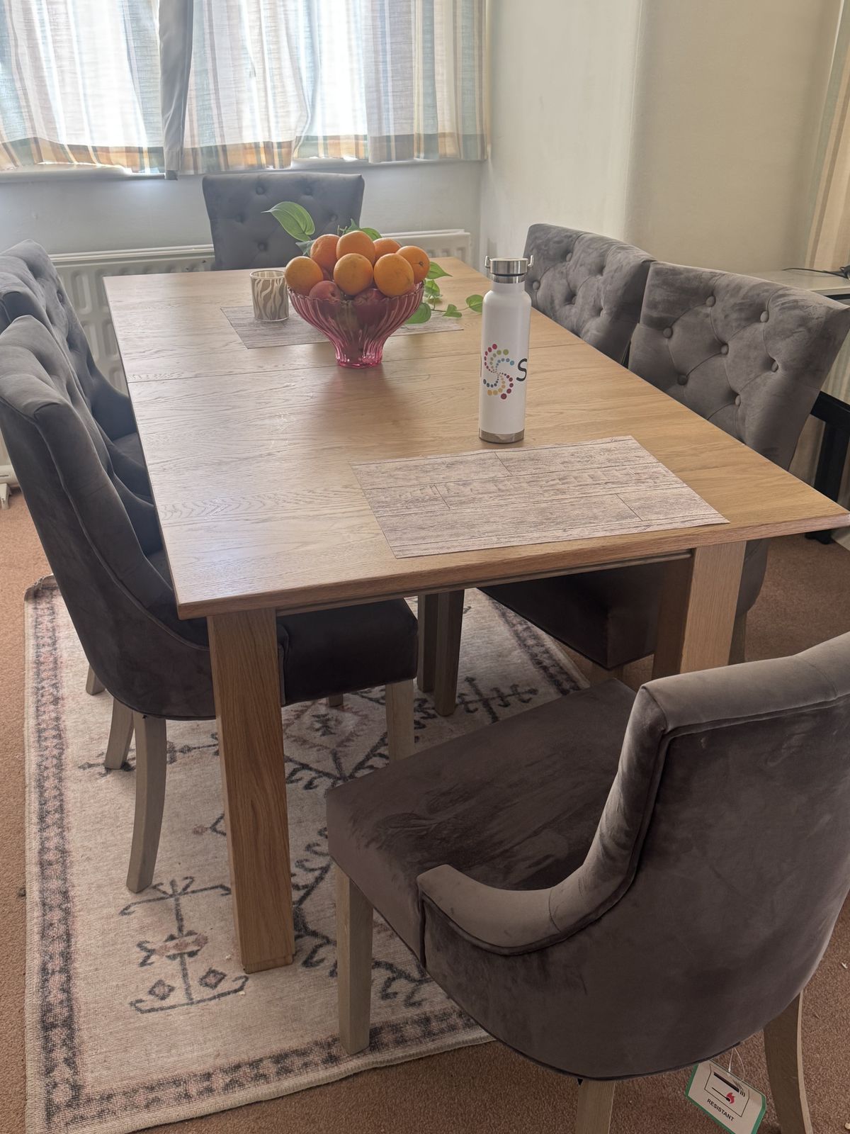 Richmond Smoked Oak Finish 5ft 9 Extending Dining Table + 6 Isobel Button Back Chair In Storm Grey Velvet With Weathered Oak Legs photo furniture