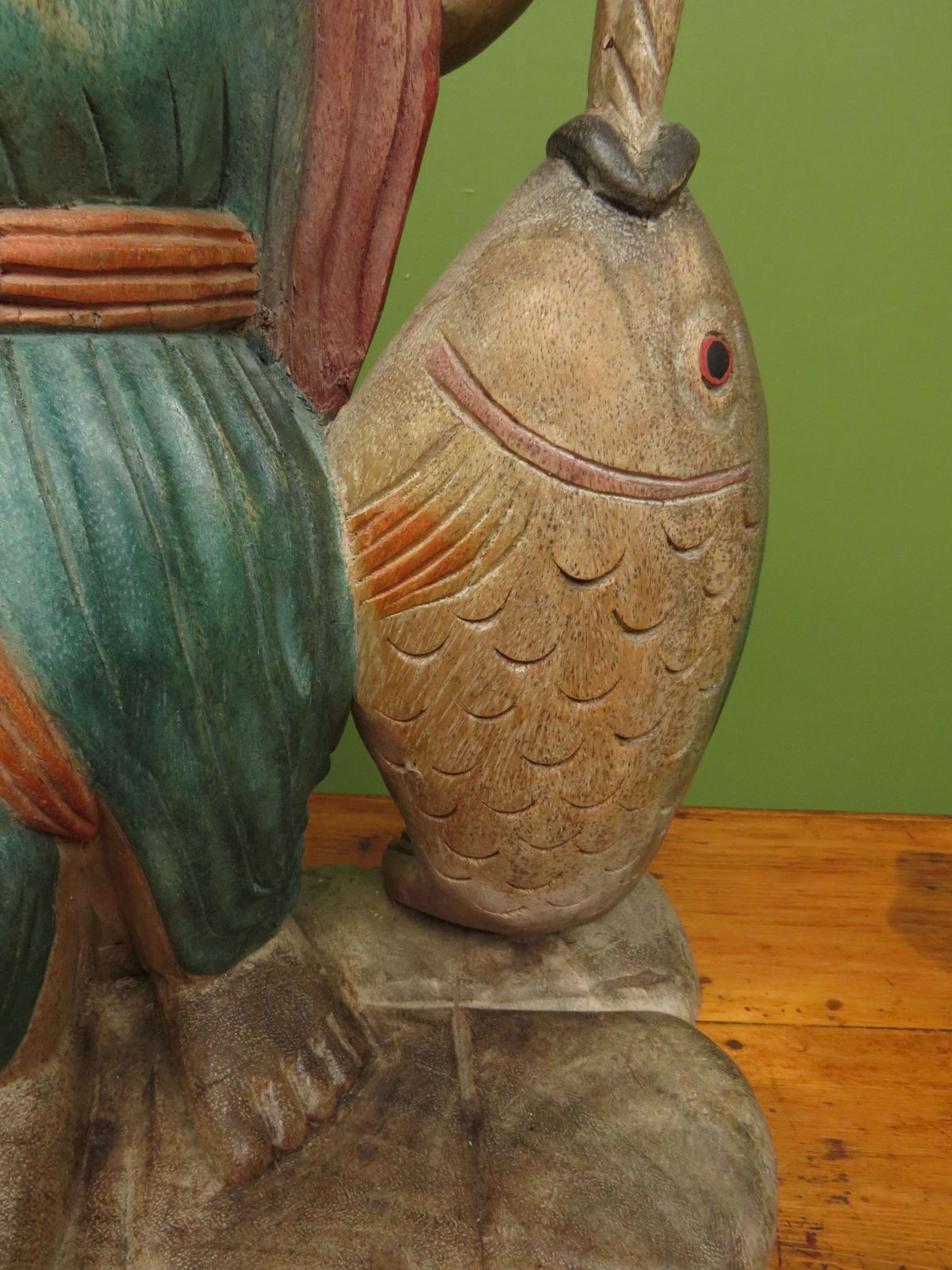 Vintage Asian Wooden Figure Carrying Fish photo vinterior