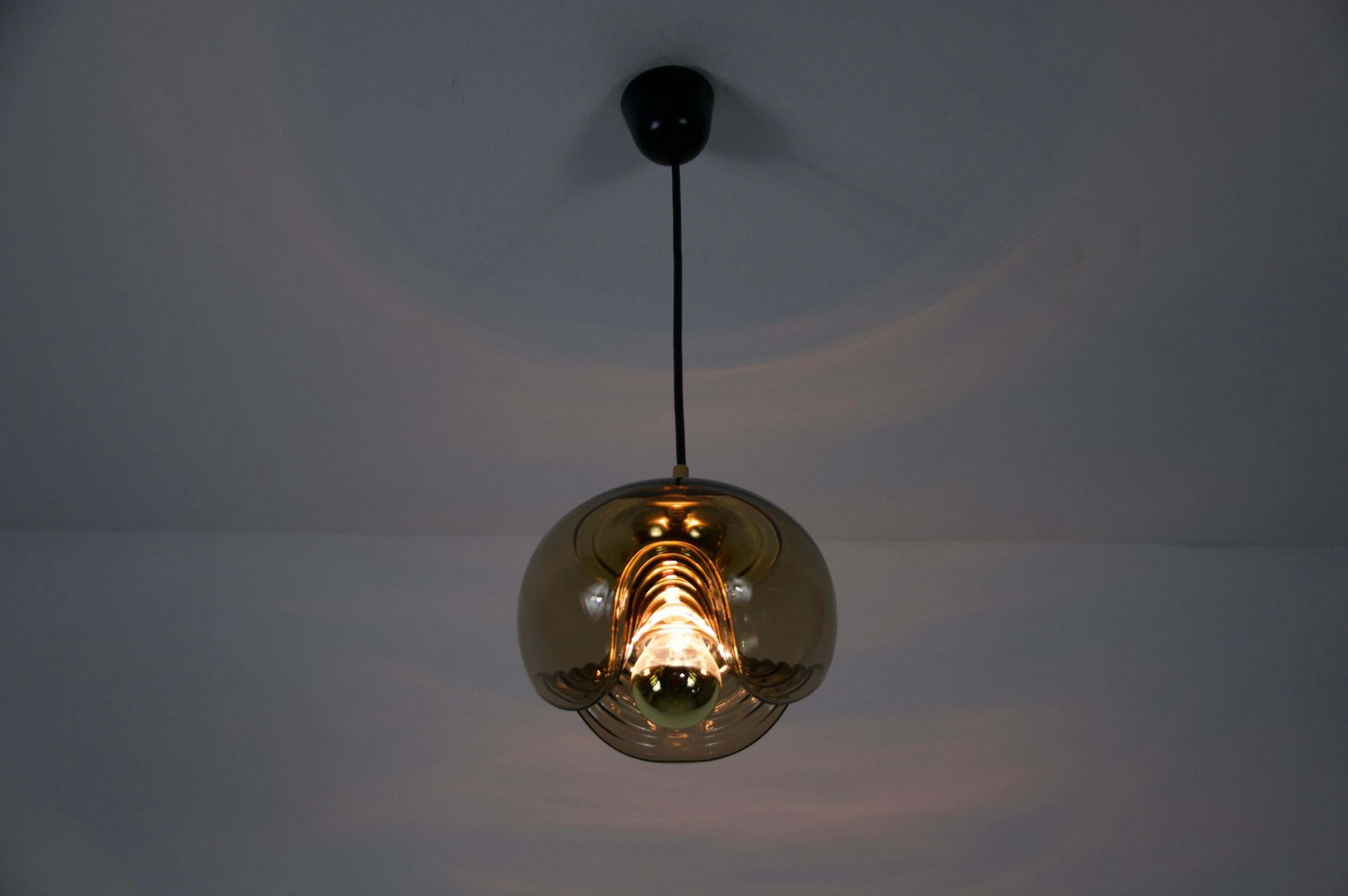 Lighting Amber Glass Pendant Lamp By Koch & Lowy For Peill And Putzler, 1960s photo