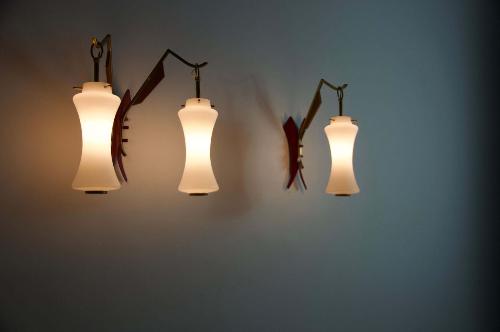 Pair Of Brass And Opaline Wall Lamps By Stilnovo, Italy, 1960s photo vinterior