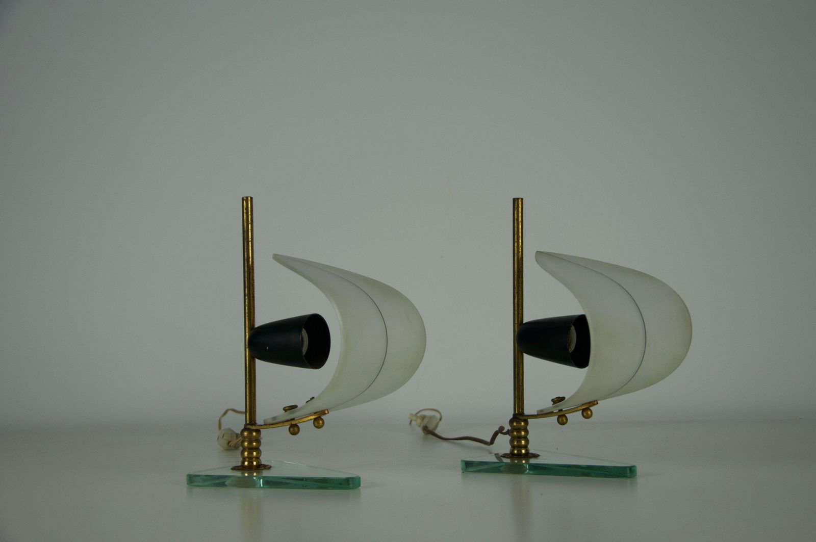 Pair Of Brass And Opaline "Sailboat" Table Lamps, Italy, 1950s photo buy