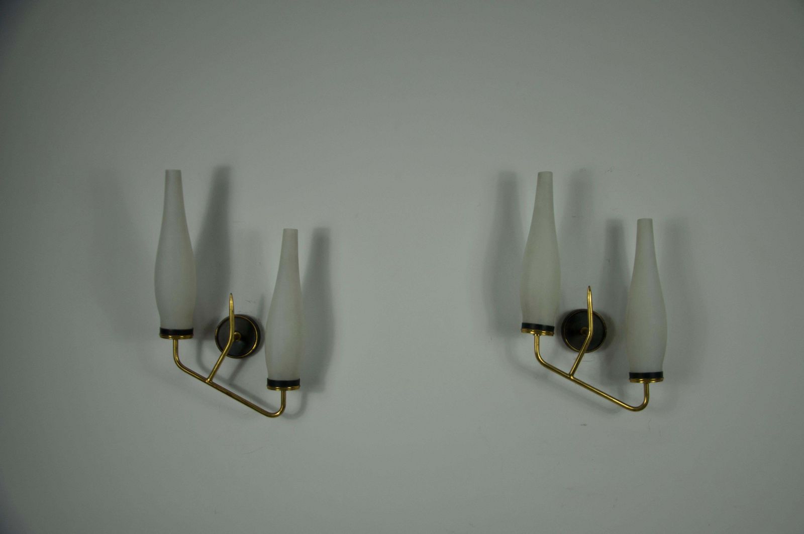 Pair Of Brass And Opaline Wall Lamps, Italy, 1960s photo for sale