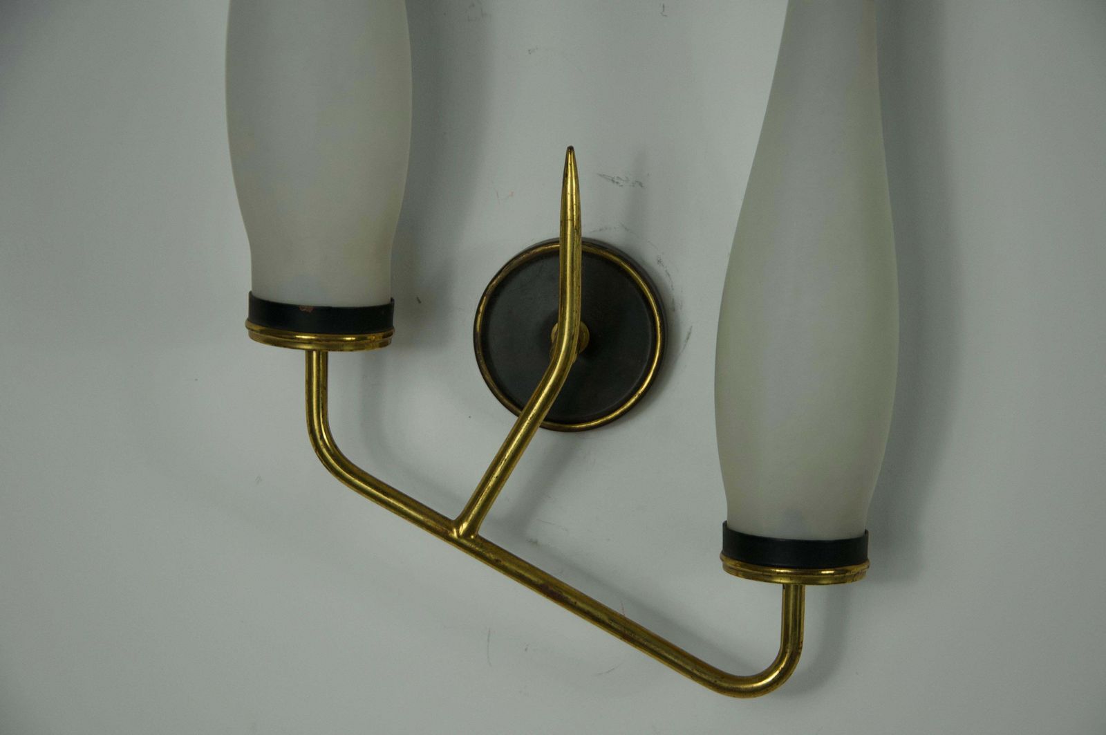 photo furniture Pair Of Brass And Opaline Wall Lamps, Italy, 1960s