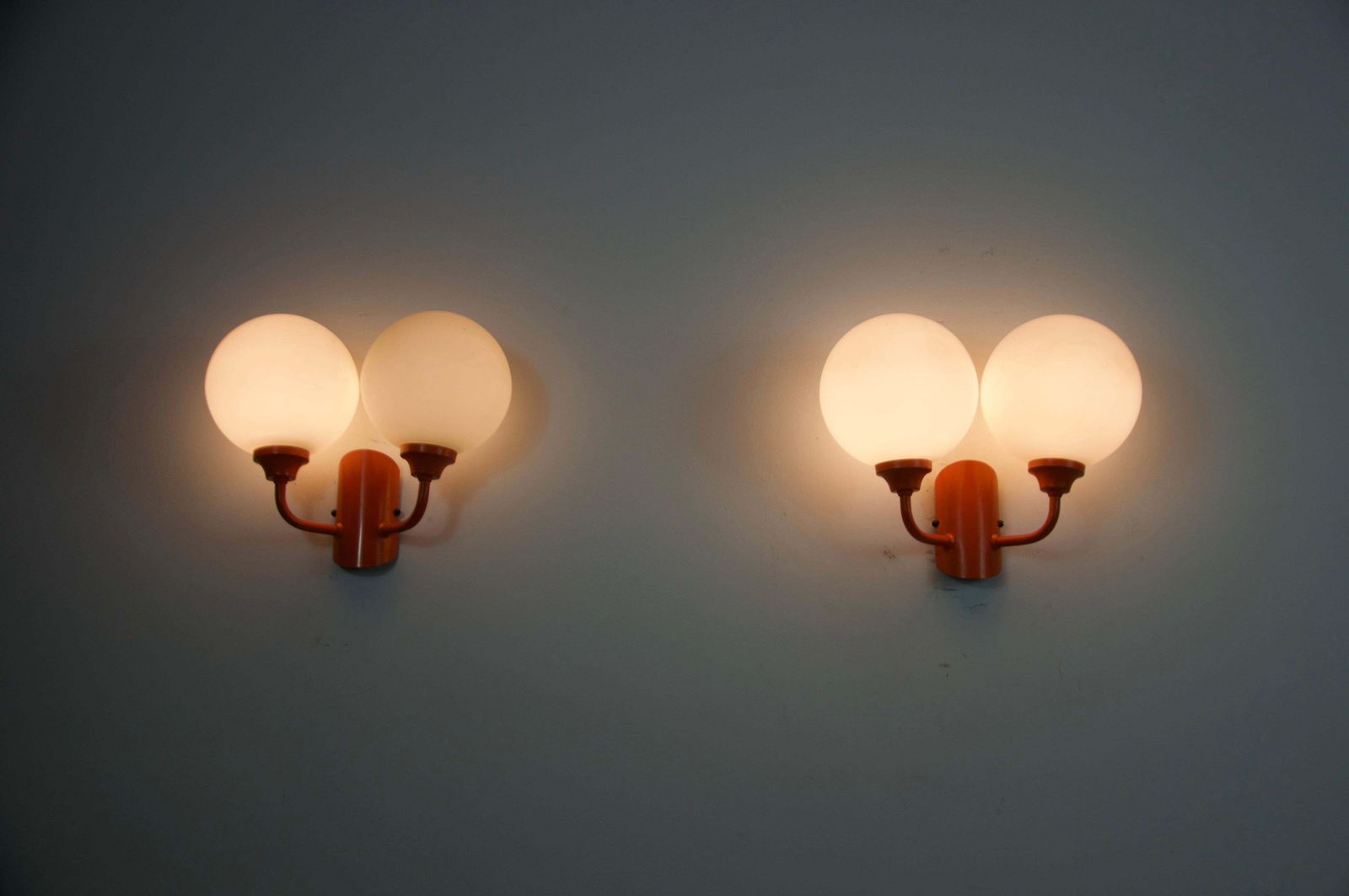 Pair Of Orange Metal And Opaline Glass Wall Lamps, Germany, 1960s photo Lighting
