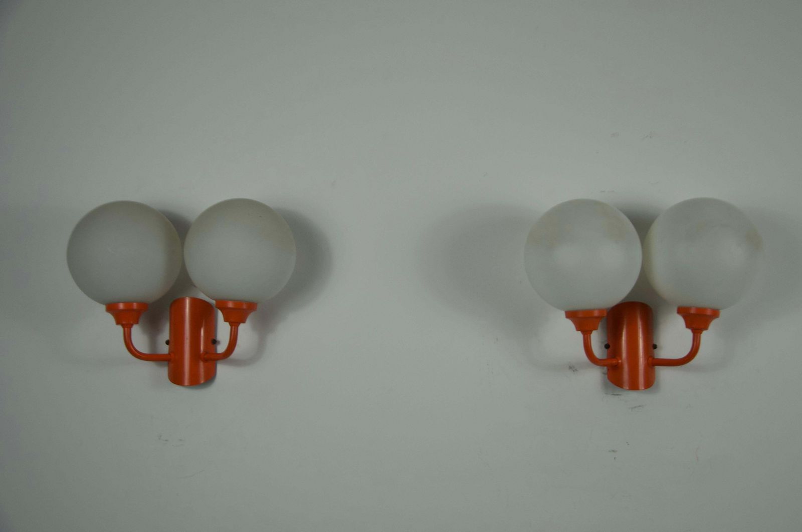 Pair Of Orange Metal And Opaline Glass Wall Lamps, Germany, 1960s photo 796.0