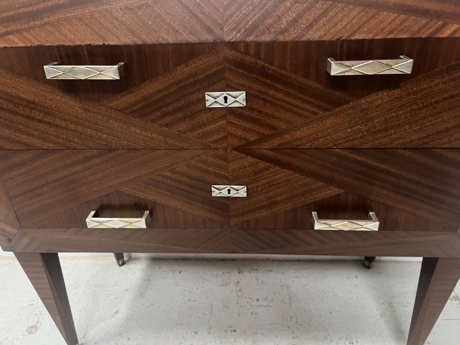 Art Deco Chest Of Drawers With Cut Sides In Mahogany Veneer, 20th Century photo vintage