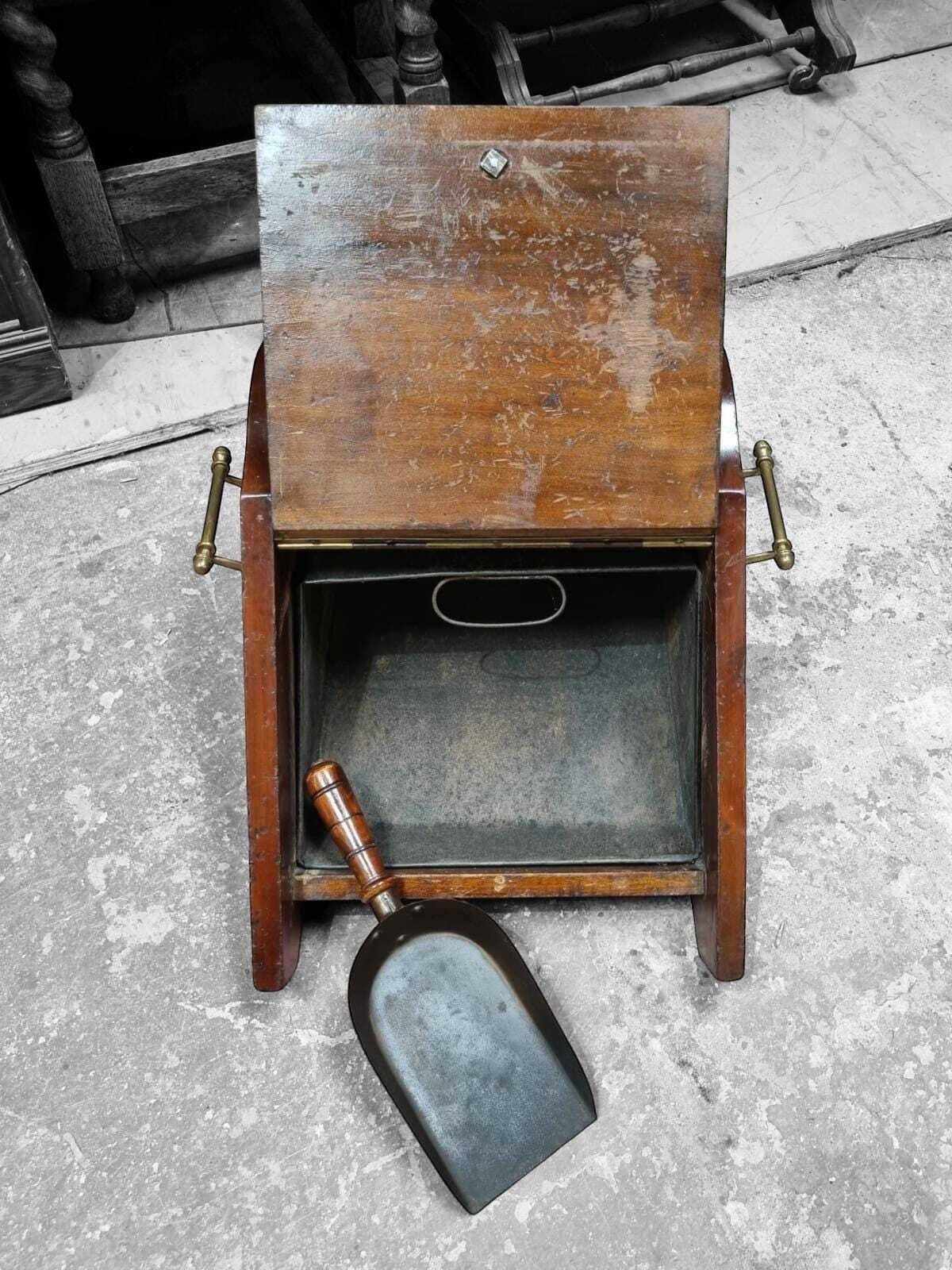 Antique Victorian Wooden Coal Scuttle / Original Liner And Shovel / C.1880 / Free Delivery photo vinterior