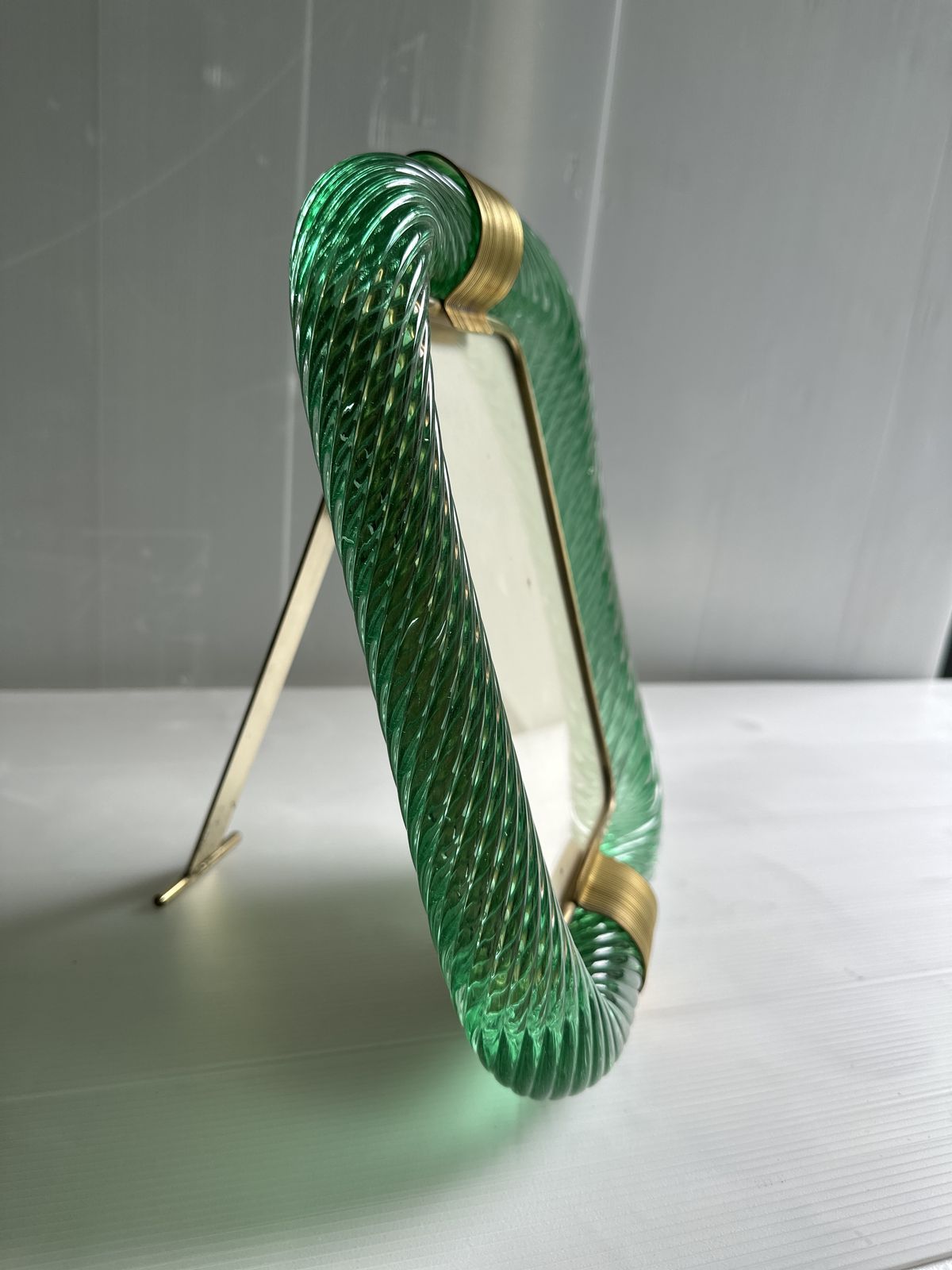 photo for sale Mid Century Modern Style Green "Torchon" Murano Glass Picture Frame And Brass In Barovier Style