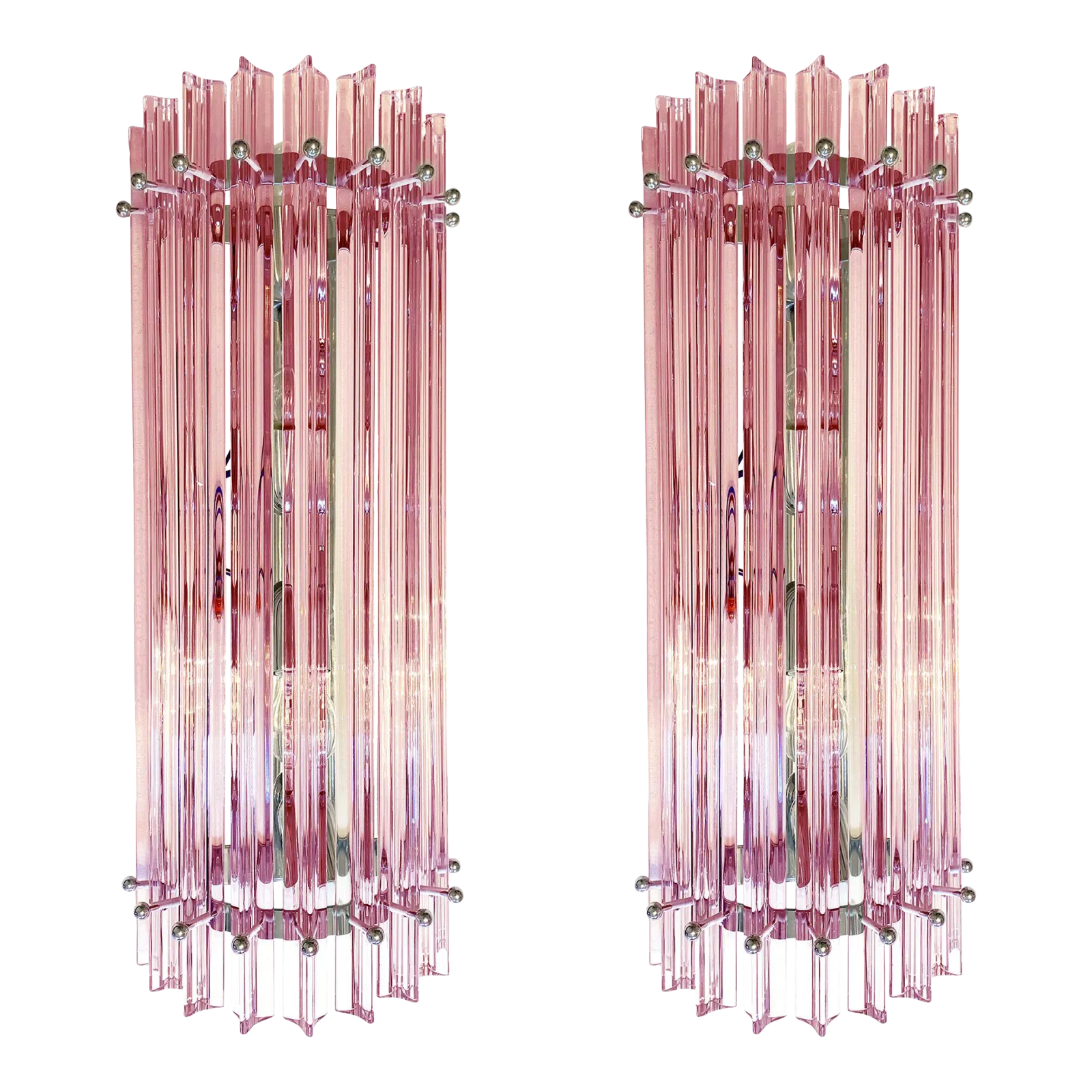 Set Of Two Scenographic Pink Triedro Murano Glass Wall Sconces