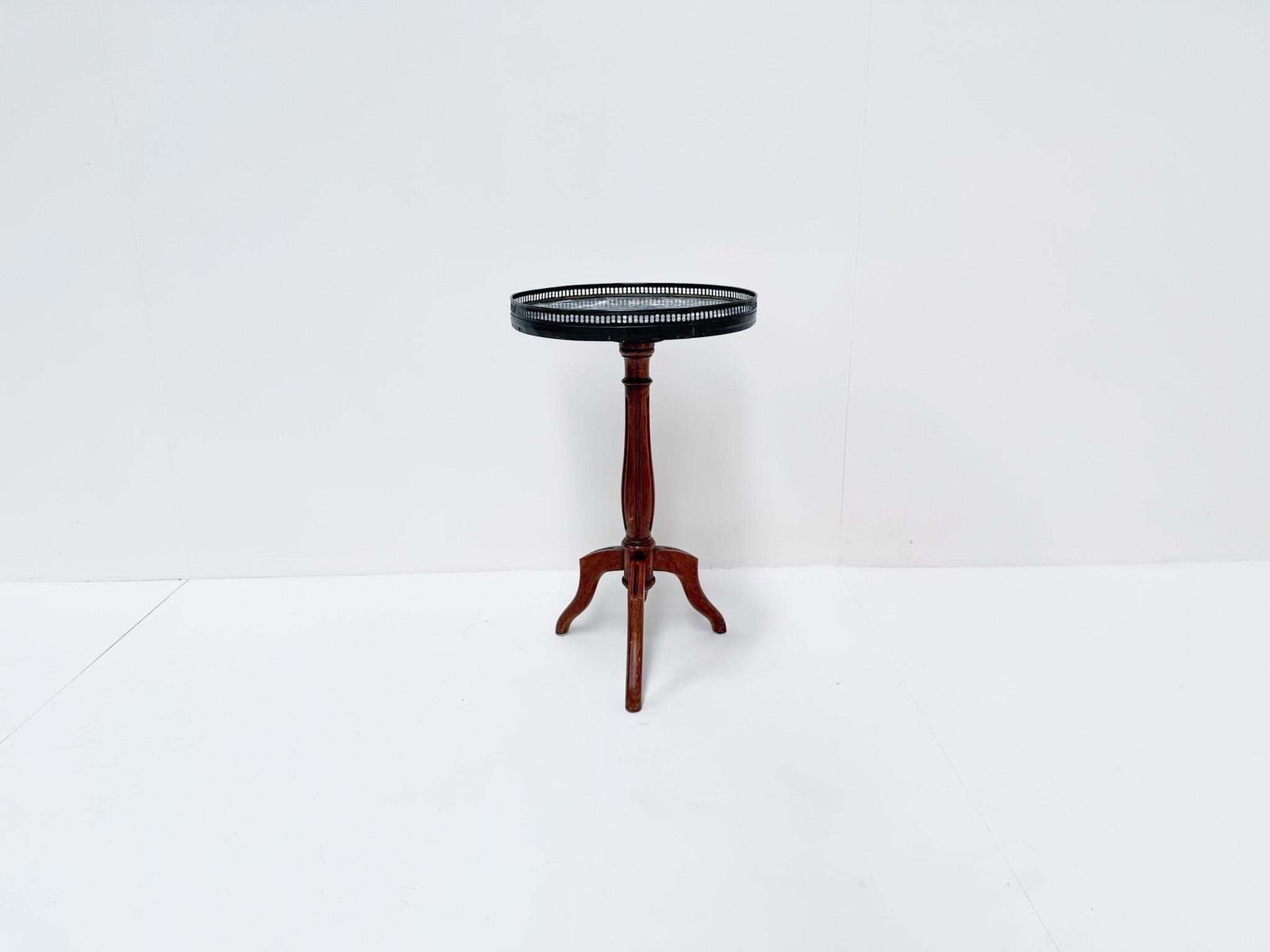 Antique Pedestal Side Table With Marble Top And Brass Gallery, Early 20th Century