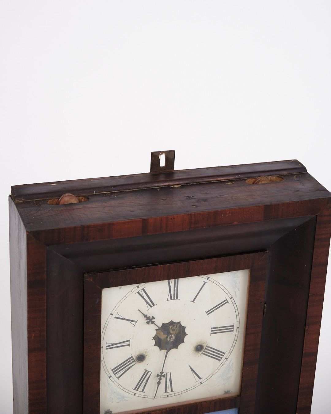 Antique American Clock   Painted Glass Window   Dark Wood   Roman Numeral Dial   19th Century photo furniture