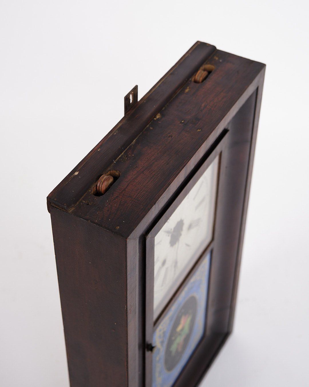 Antique American Clock   Painted Glass Window   Dark Wood   Roman Numeral Dial   19th Century photo vintage