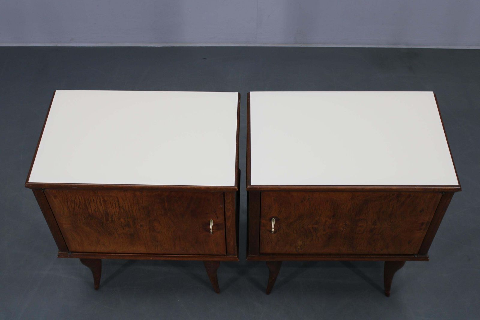 Pair Of Mid Century Italian Walnut Nightstands With Glass Top, 1950s photo Furniture