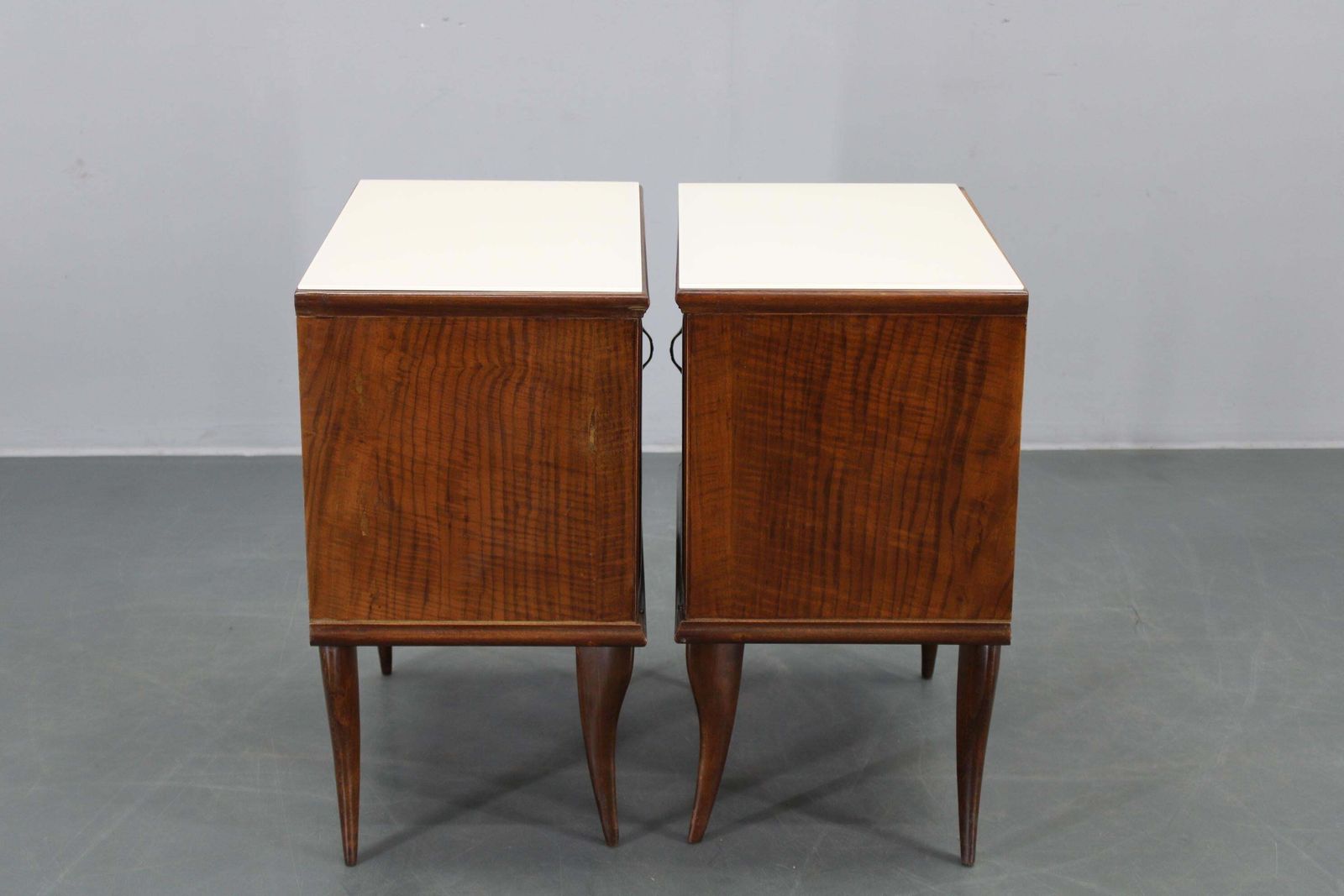 Pair Of Mid Century Italian Walnut Nightstands With Glass Top, 1950s photo vinterior