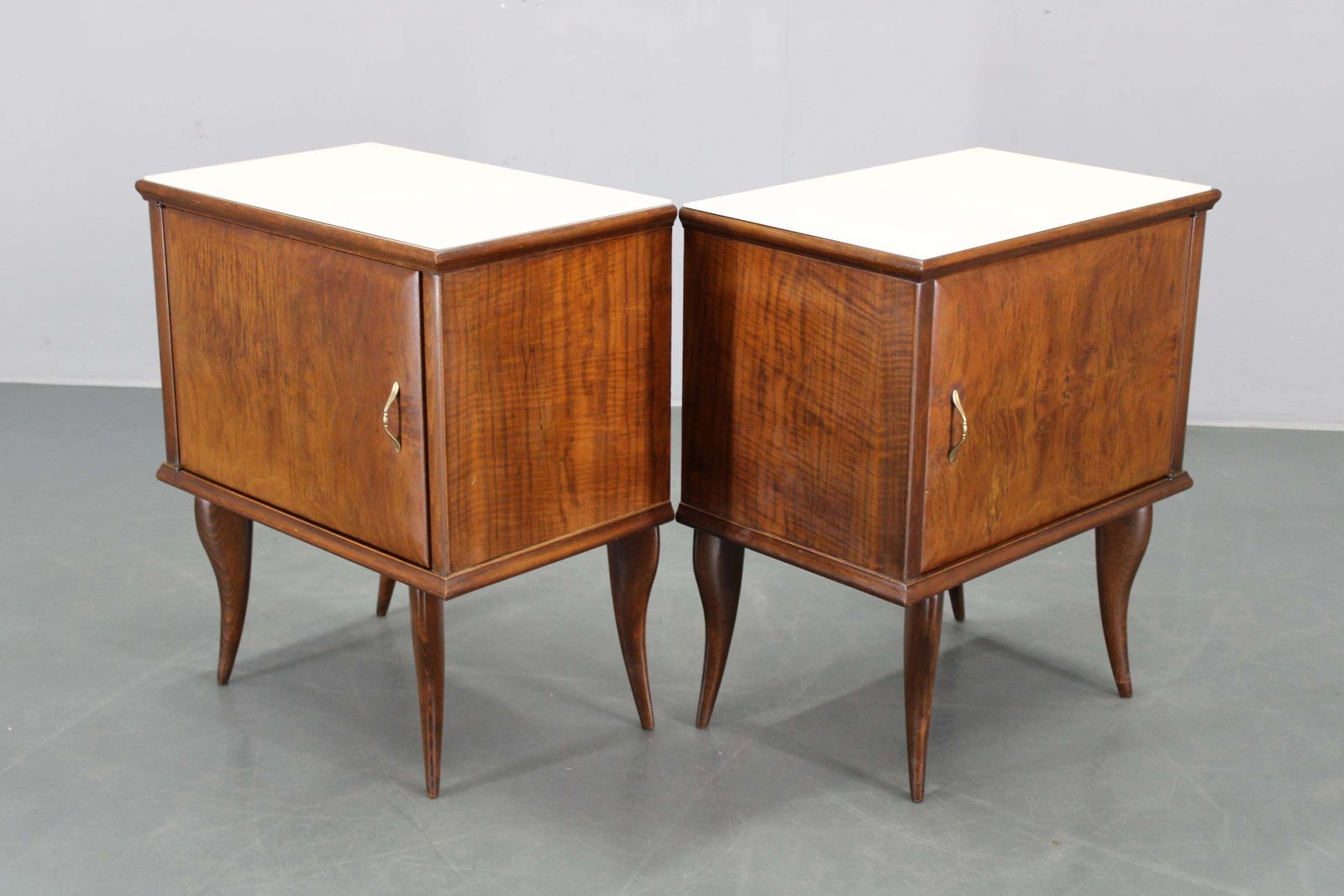 Furniture Pair Of Mid Century Italian Walnut Nightstands With Glass Top, 1950s photo