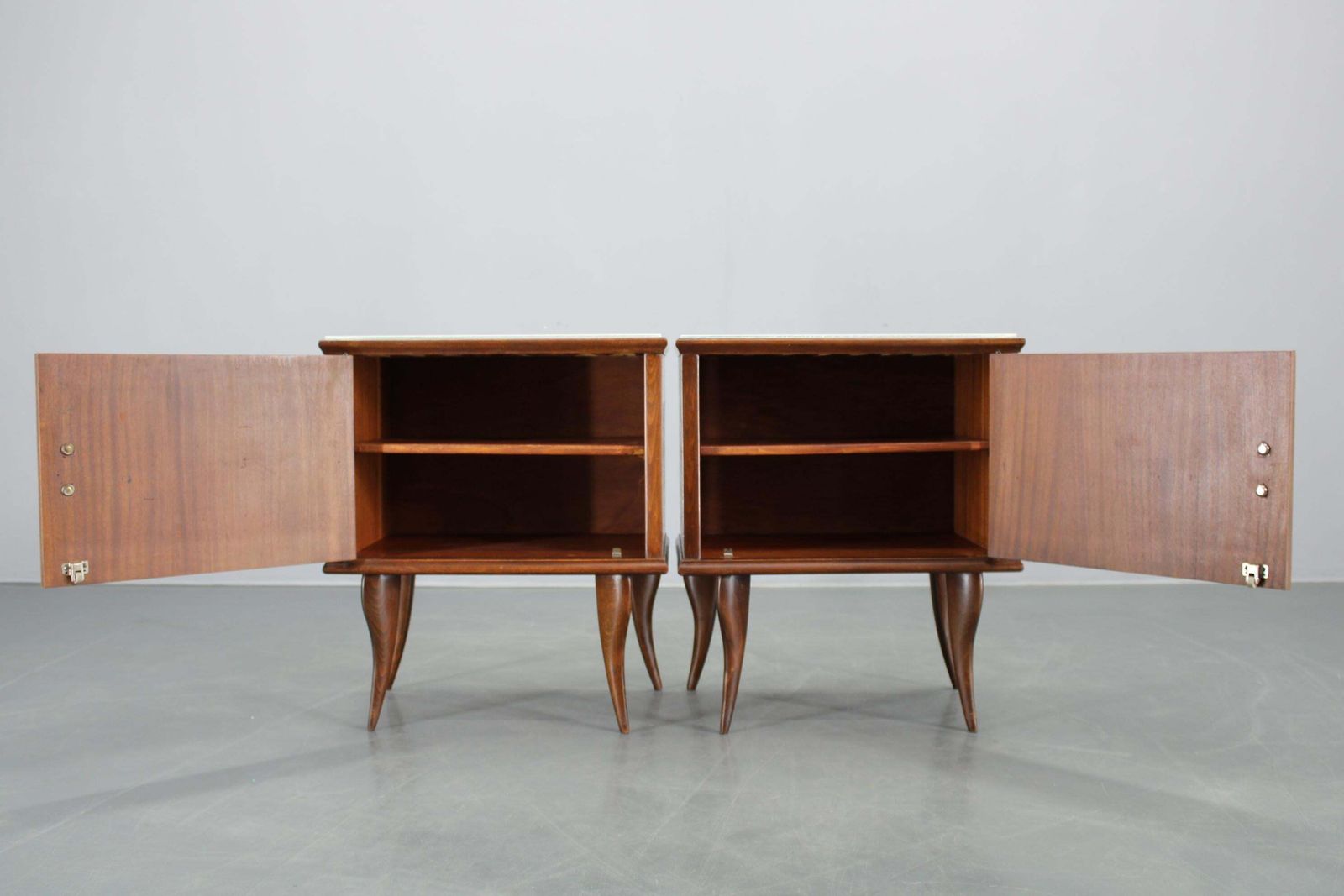 782.0 Pair Of Mid Century Italian Walnut Nightstands With Glass Top, 1950s photo