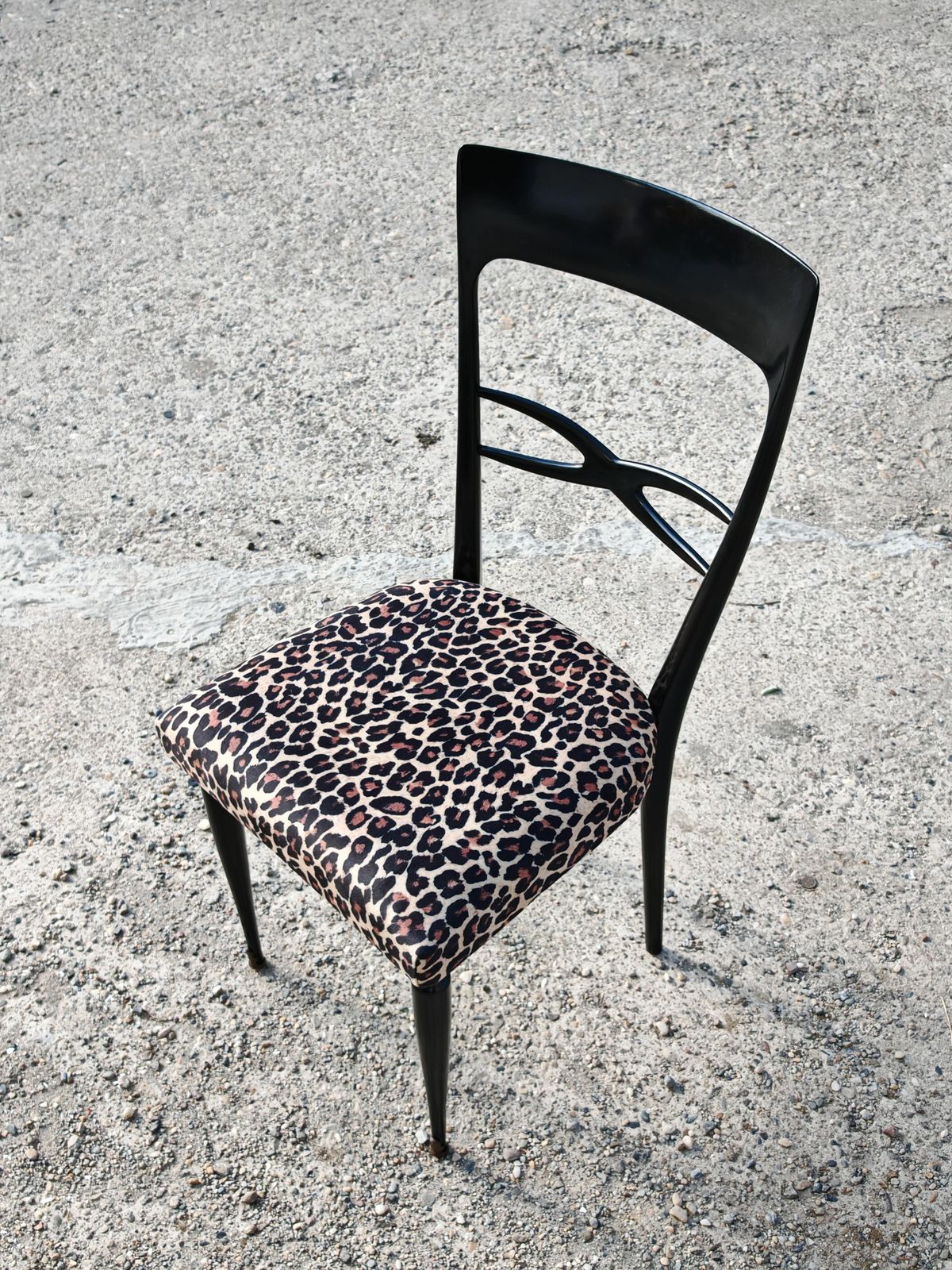photo furniture Set Of 6 Mid Century Dining Chairs In Black Lacquer And Leopard Print Plush