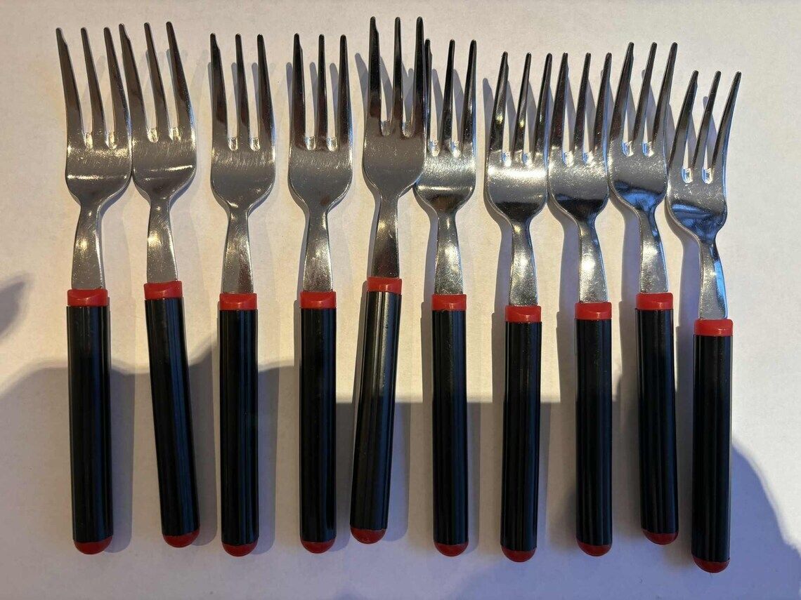 Rare Vintage Inoxriv Flatware Set 1980s Italy Postmodern Memphis Design 18/10 Stainless Steel Red Black Dessert Spoons And Forks Unused photo buy