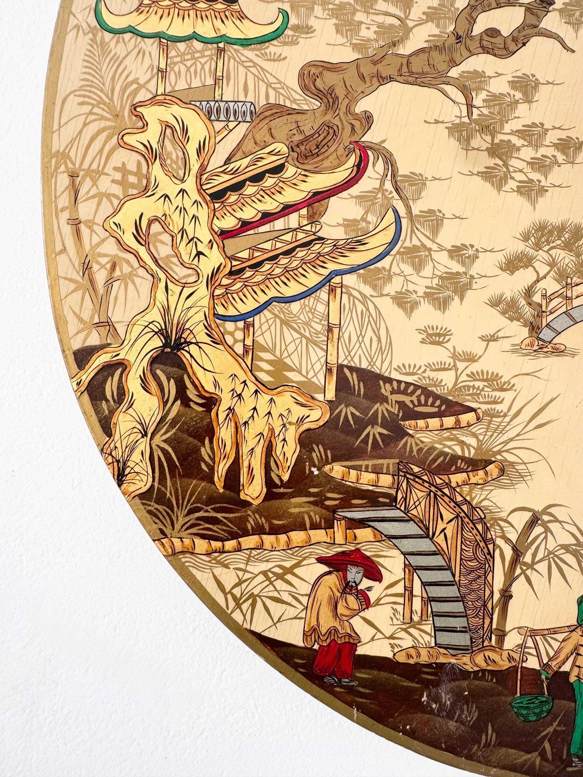 Vintage Hand Painted Lacquered Round Gold Chinoserie Panel photo furniture