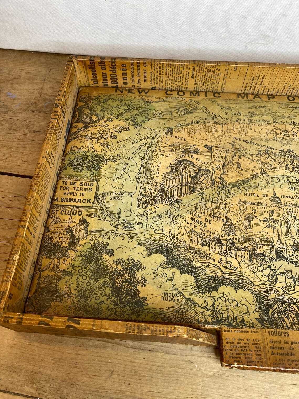Unique Vintage Satirical Punch French Wooden Decoupage Tray  In Good Condition photo furniture