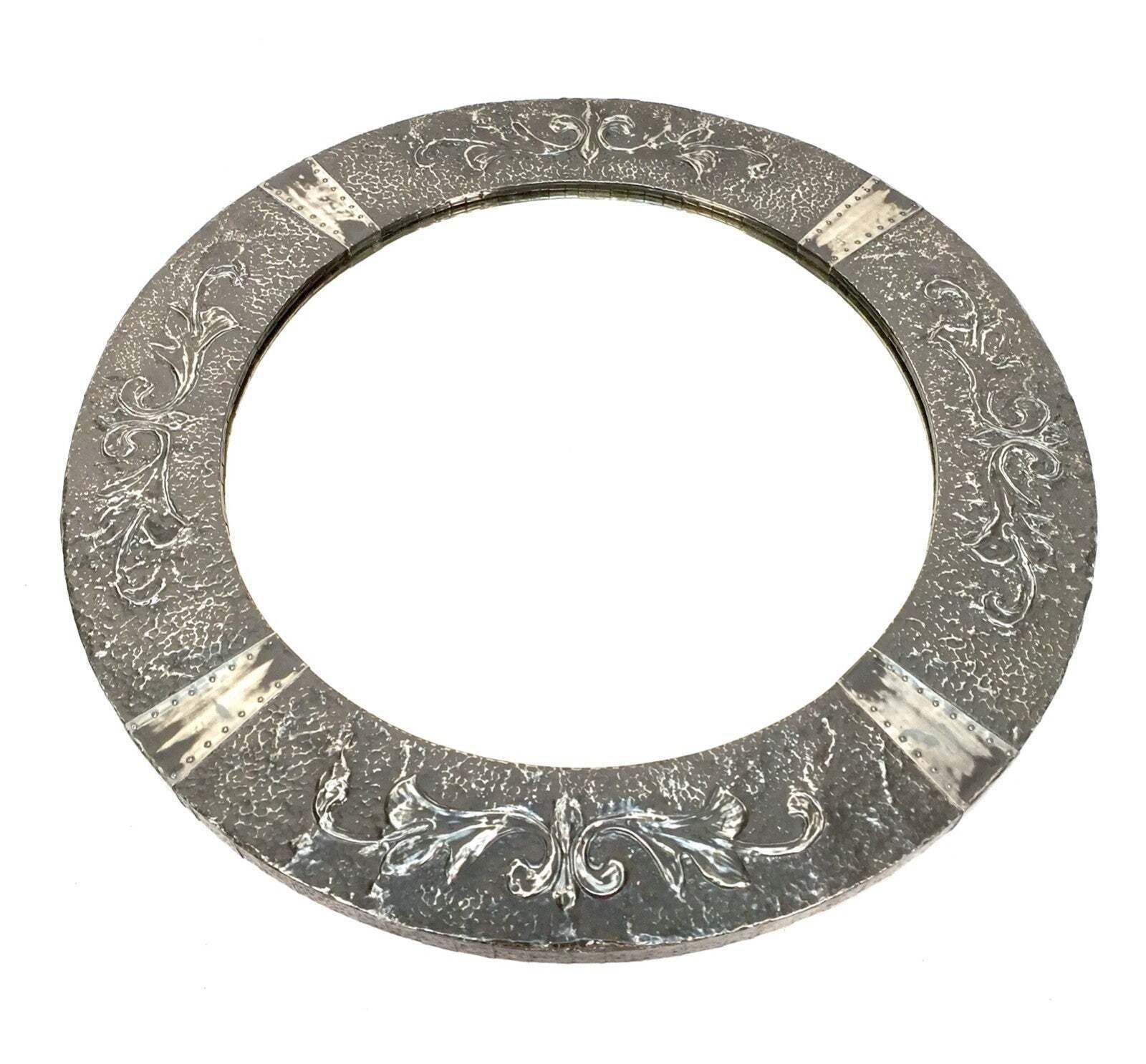 Antique Large Arts And Crafts Pewter Metal Circular Wall Hanging Mirror C.1920