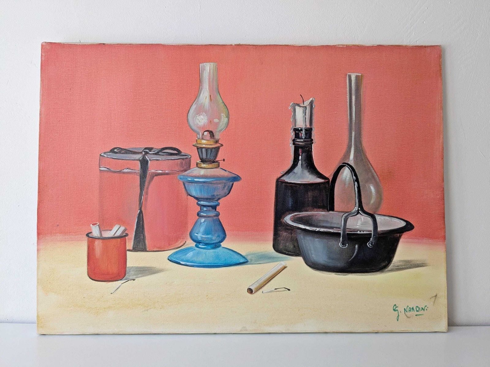 photo furniture Still Life With Lamp, Oil Painting On Canvas, Italian Painting, Oil Painting Kitchen Scene