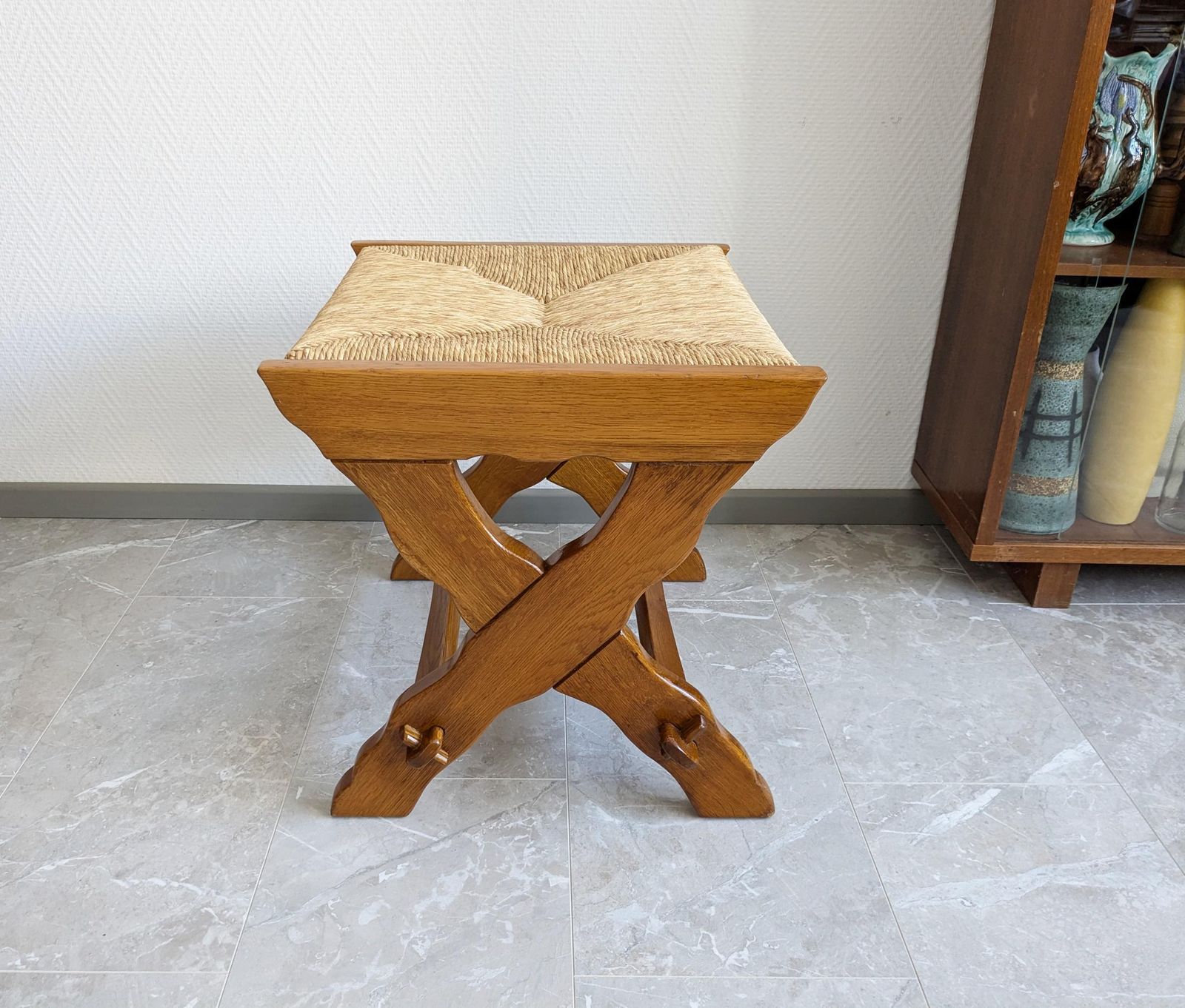 Stool With Rush Weave, Vintage Wooden Stool, Oak Wood Seating photo 156.0