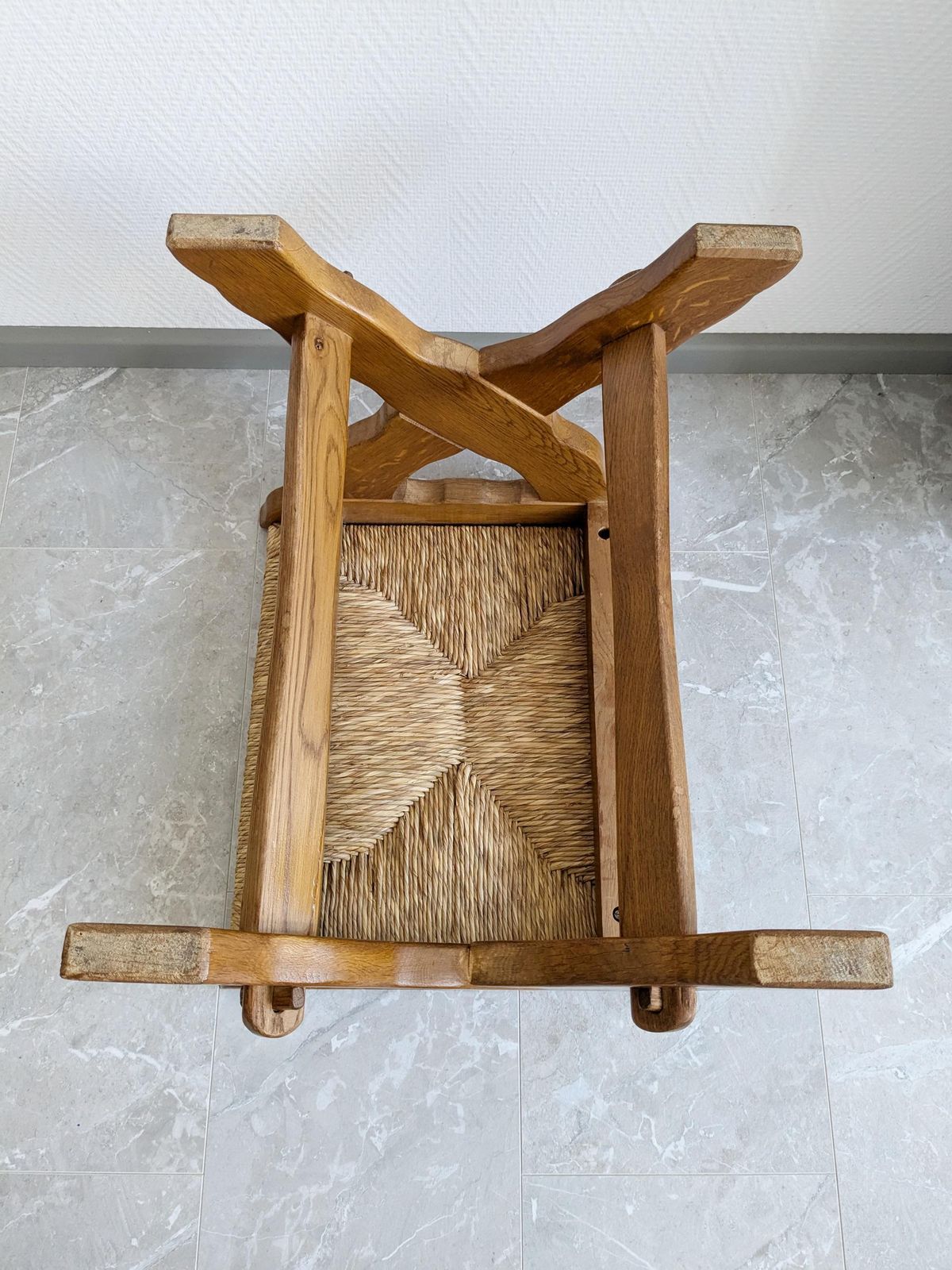 Stool With Rush Weave, Vintage Wooden Stool, Oak Wood Seating photo vintage