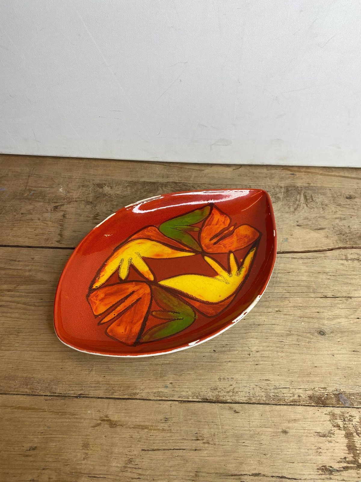 Vintage Poole Pottery Delphis Teardrop Shape (91) Dish Signed Ck Red, Orange, Yellow And Green Design In Good Condition