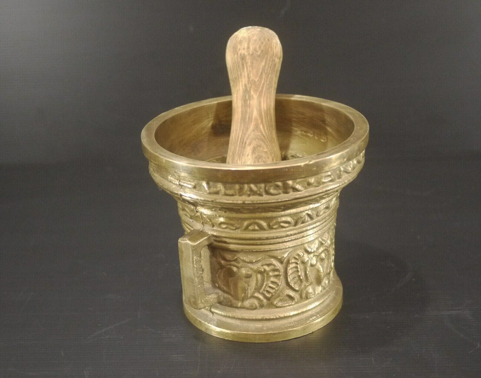 Antique Bronze Mortar And Wood Pestle "Verwint Linck Anno 1590" photo for sale
