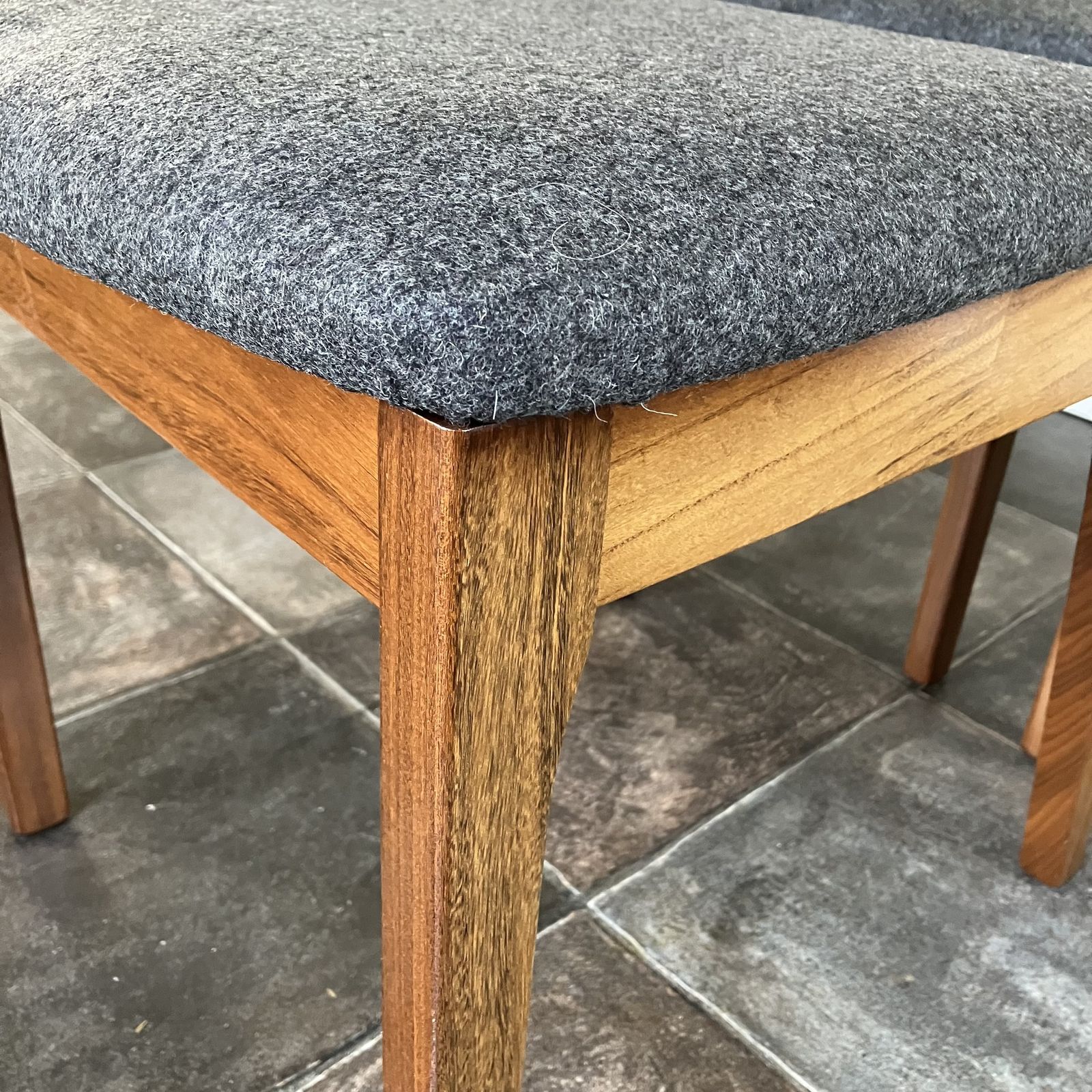 photo furniture Mid Century Ladder Back Teak Dining Chairs By Nathan: Reupholstered Anthracite Grey Wool, Scandi Design, Set Of 4
