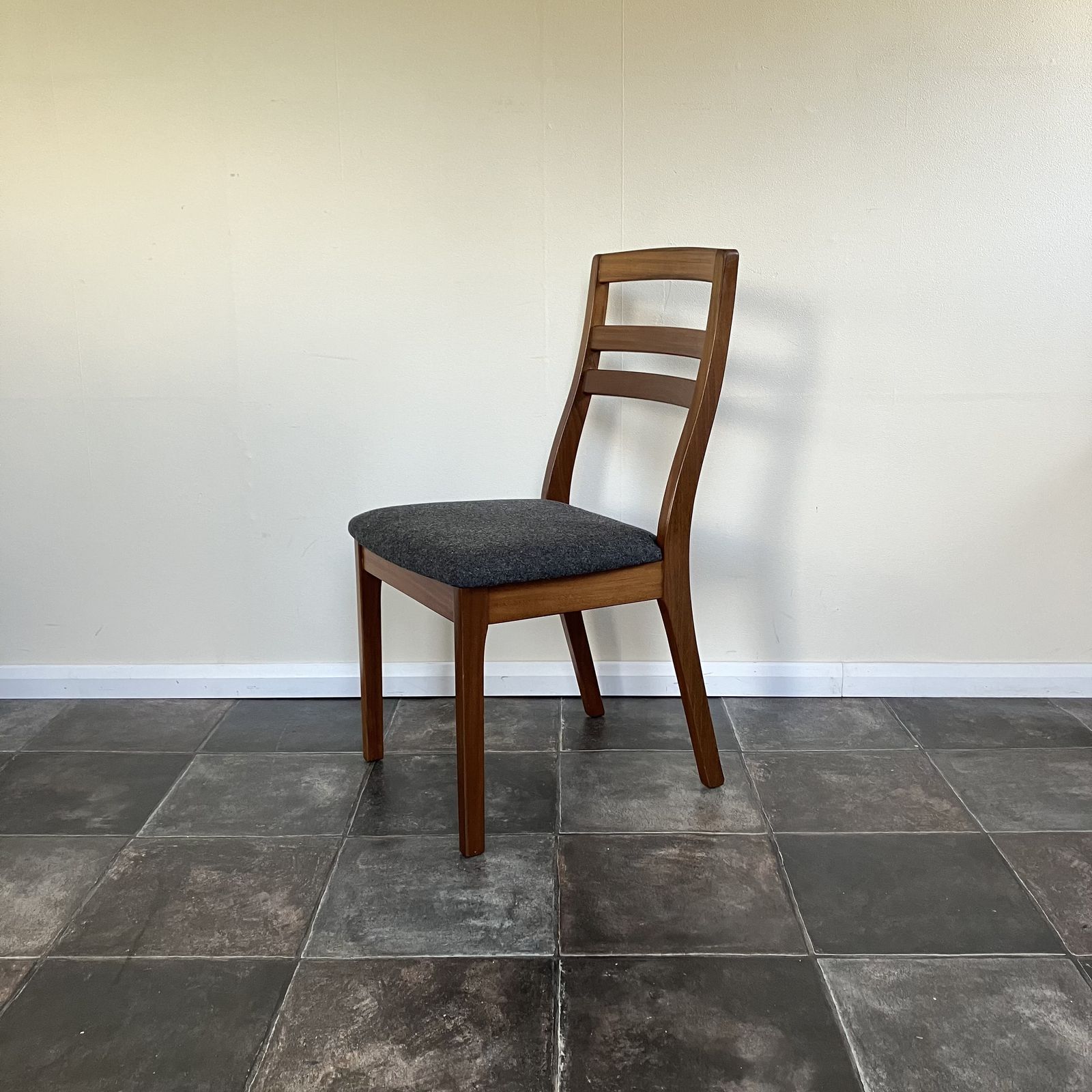 Furniture Mid Century Ladder Back Teak Dining Chairs By Nathan: Reupholstered Anthracite Grey Wool, Scandi Design, Set Of 4 photo