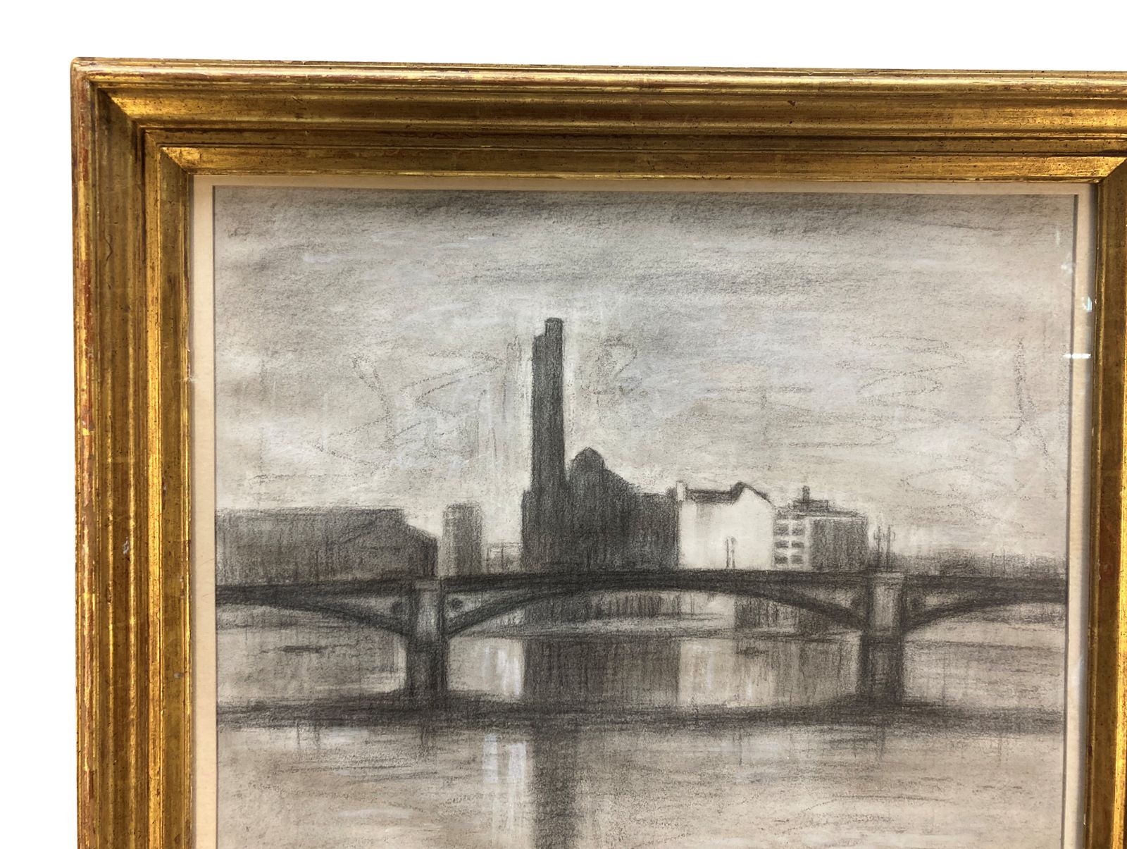 A Framed Charcoal Drawing Of Lot's Road Power Station, London photo furniture