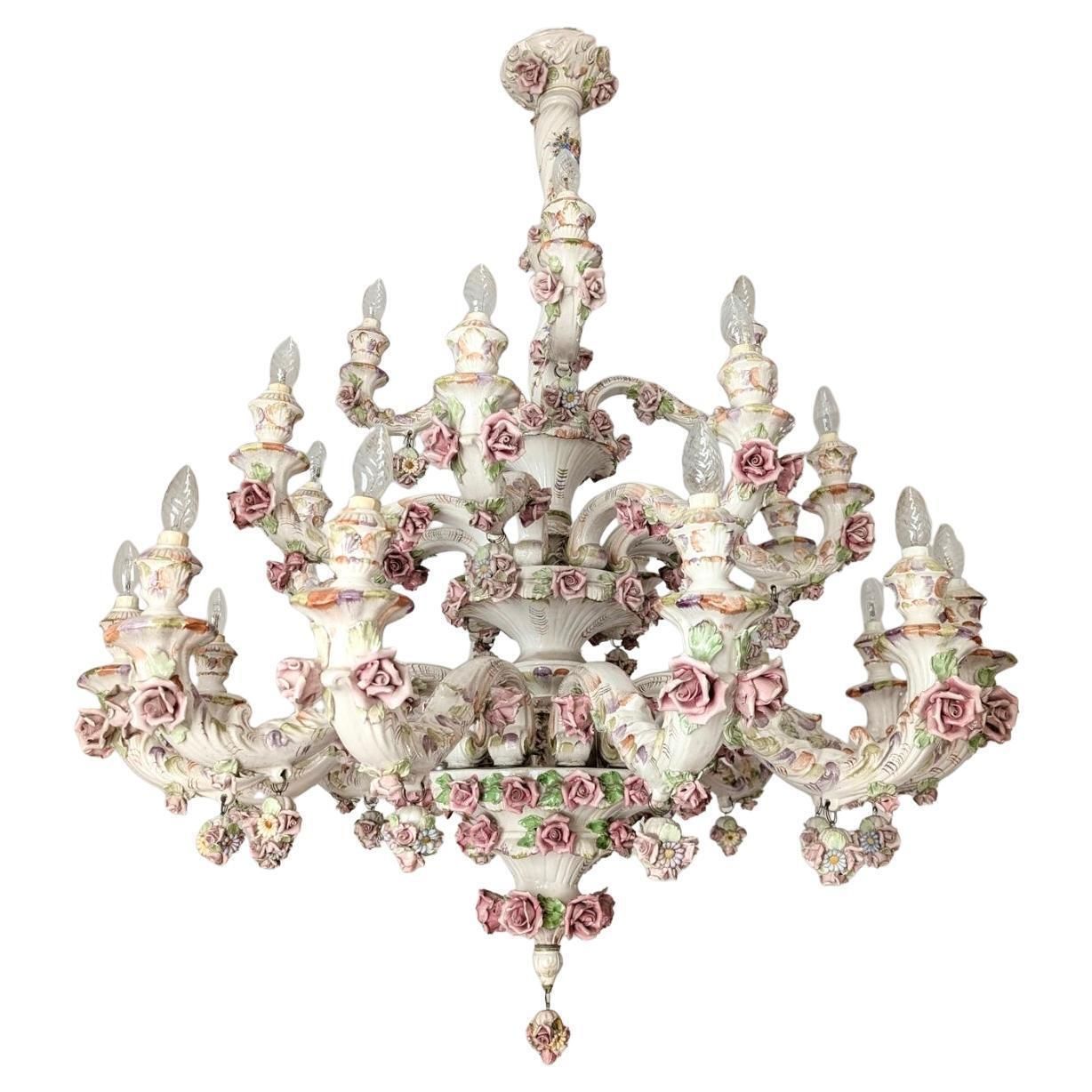 Rare Large 3 Tier Italian Porcelain Chandelier 1950s 24 Lights Capodimonte Style