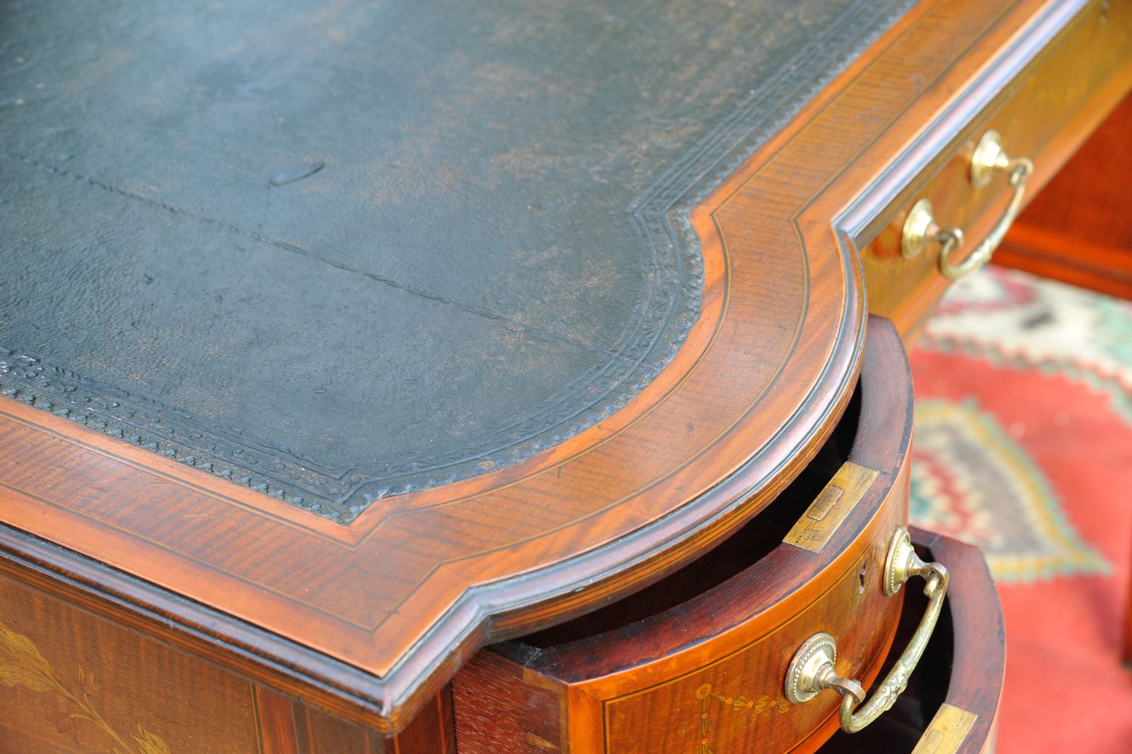 photo for sale Maple & Co Antique Seven Drawer Twin Pedestal Leather Lined Inlaid Writing Desk