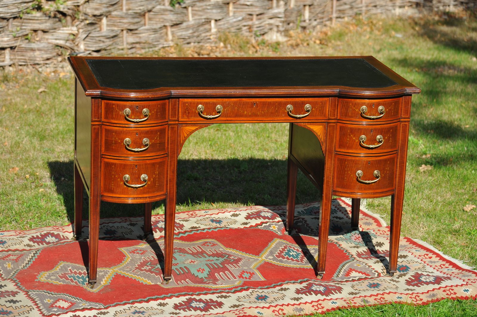 2250.0 Maple & Co Antique Seven Drawer Twin Pedestal Leather Lined Inlaid Writing Desk photo
