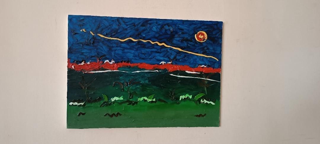 Peinture Abstraite à L'huile Sur Toile  Années 90 Matériau 60x50 Cm