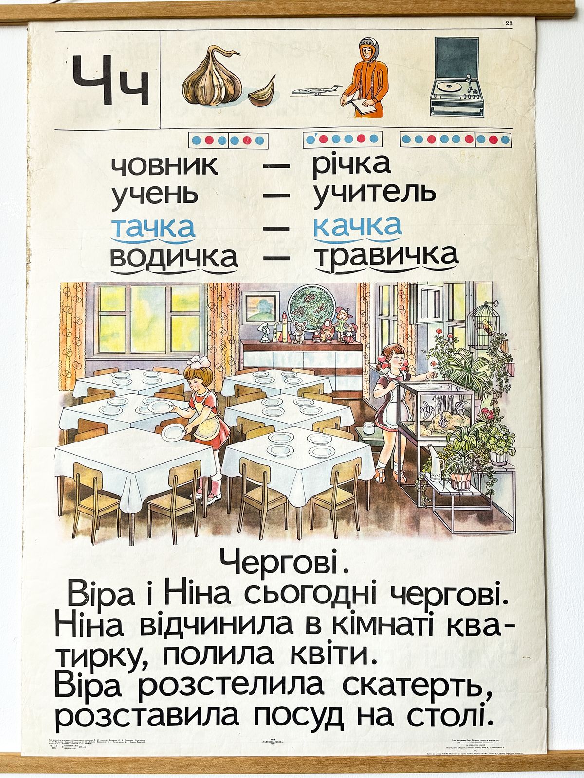 Art 1983 Rare Original Ukrainian Vintage Double Sided Nursery Alphabet Poster: School Kids On Duty, Astronaut, Communist October Revolution Propaganda photo