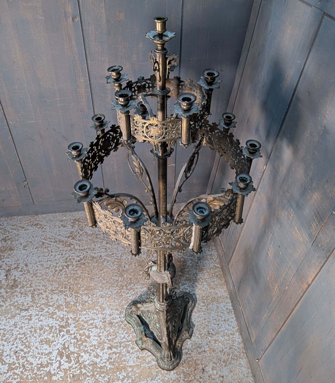 French Rocco Revival 1890’s Grand Eccleisistical Brass Floor Candleabra photo Home Decor