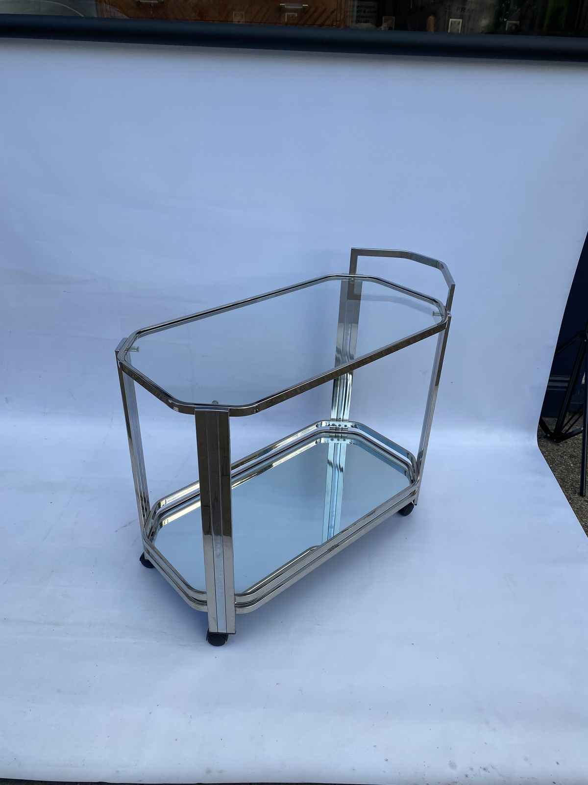 Romeo Rega Chrome Bar Cart Drinks Trolley Table Glass Hollywood Regency 1970s photo vinterior