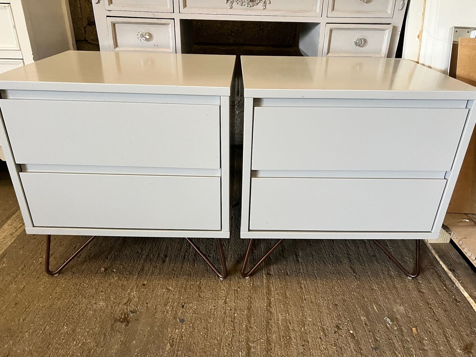 Pair Of Made.Com Grey Bedside Tables – 2 Drawer Nightstands With Copper Hairpin Legs photo furniture