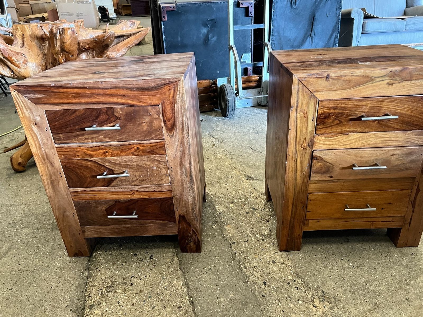 Pair Of Solid Mango Wood Bedside Tables – 3 Drawer Nightstands With Brushed Steel Handles