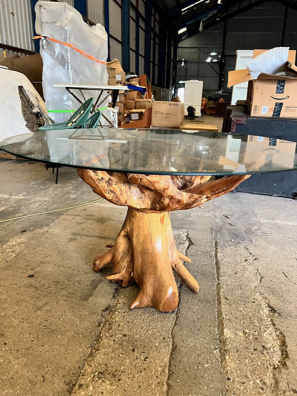 Teak Root Dining Table – 6 Seater With Glass Top (140cm Round) Rustic Natural Wood photo furniture