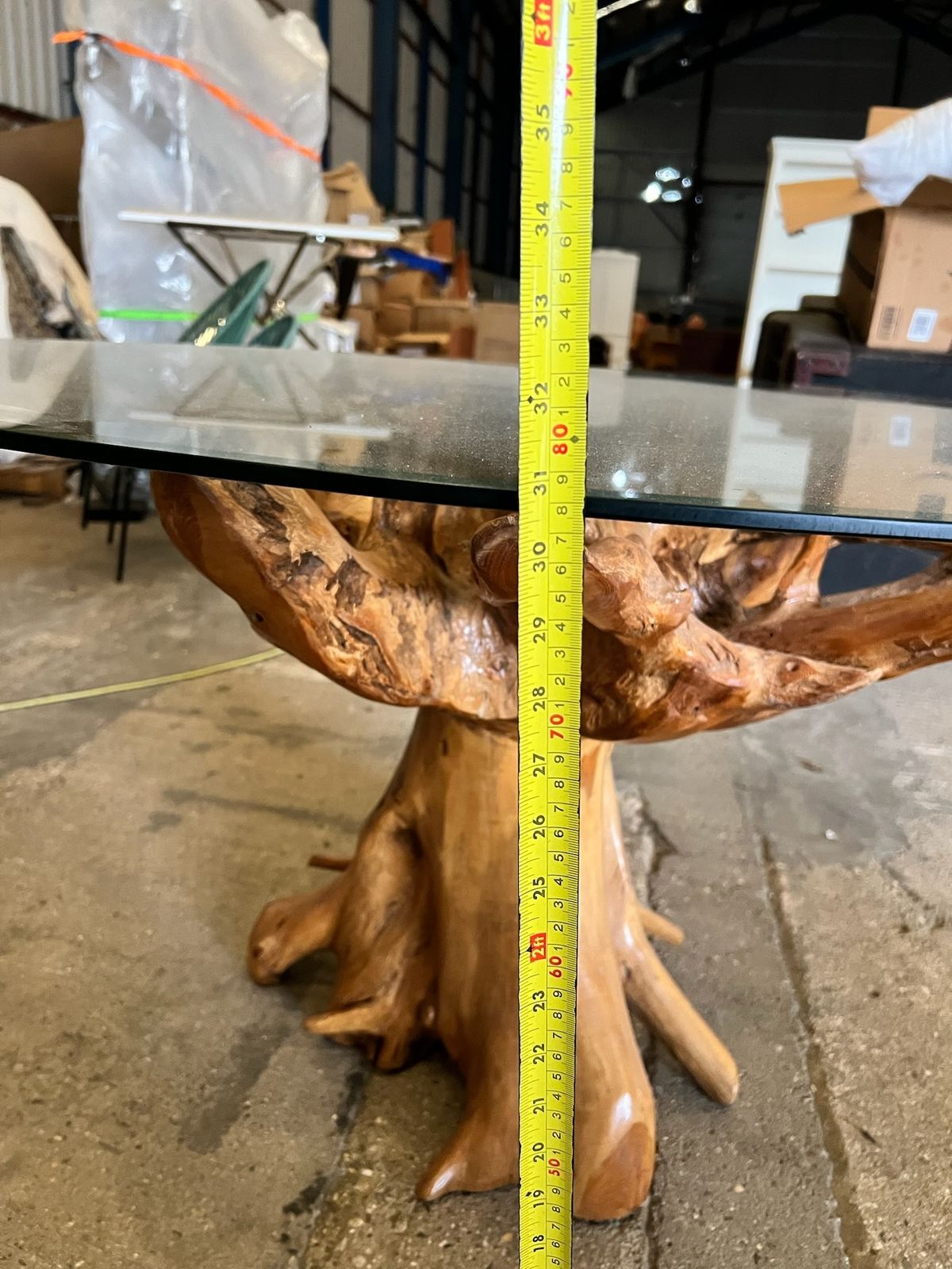 Teak Root Dining Table – 6 Seater With Glass Top (140cm Round) Rustic Natural Wood photo vinterior