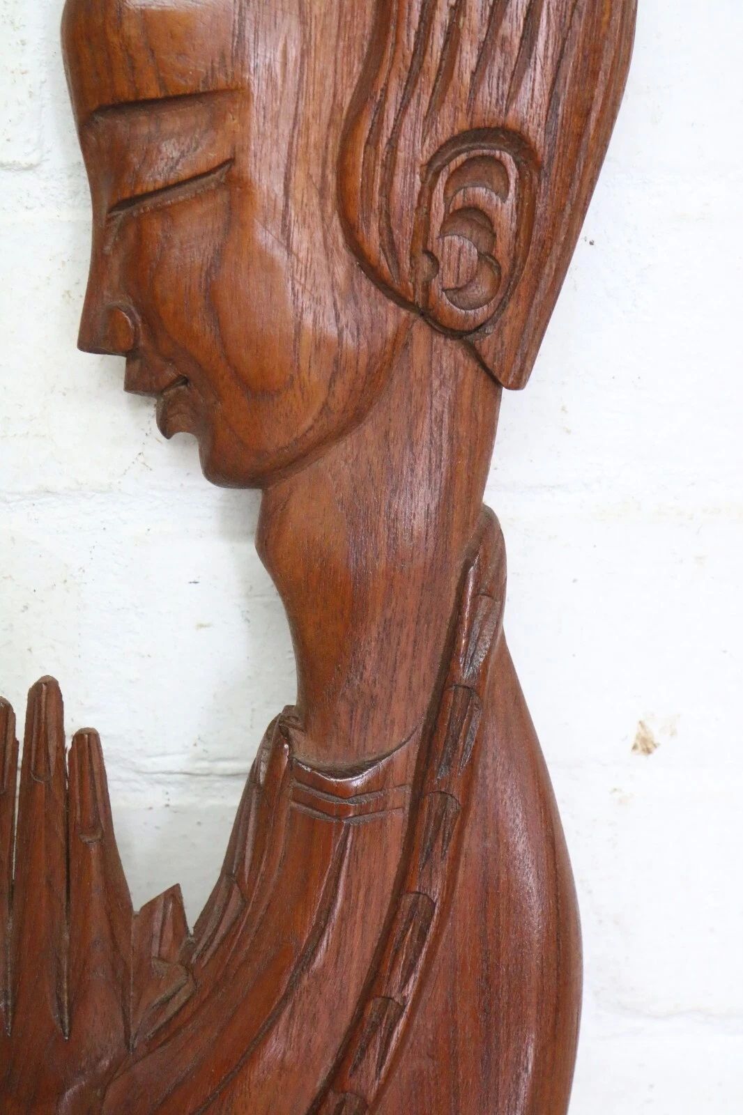Pair Mid Century Retro Tretchikoff Era Carved Matching Wall Plaques Boy & Girl photo 75.0
