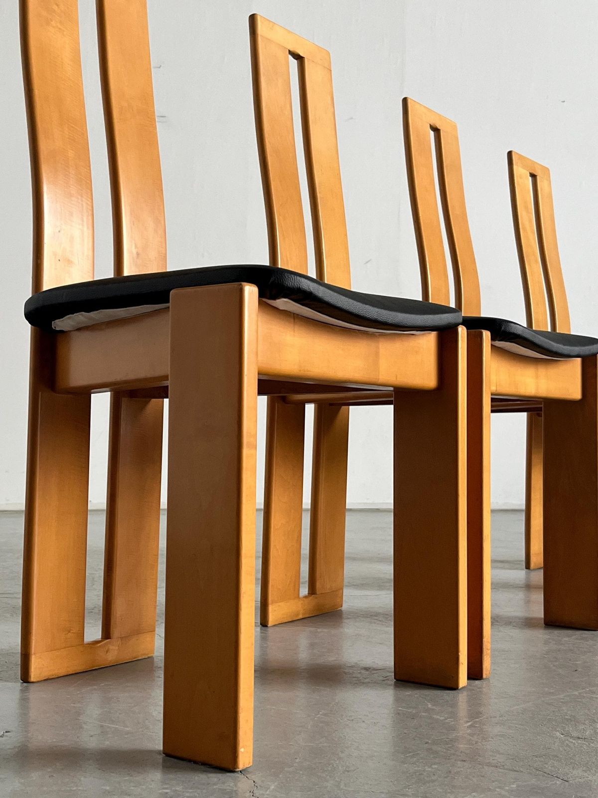 Set Of Four High Back Dining Chairs In Beechwood And Black Faux Leather In Style Of Pietro Constantini, 1970s Italy photo buy