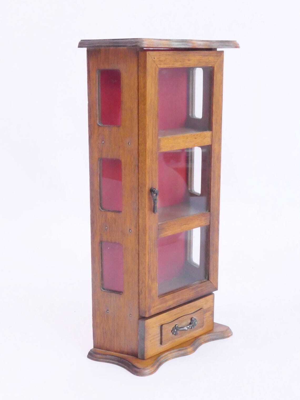 Small Wooden Curio Cabinet With Red Fabric Background, Standing Display Cabinet Trinket Cabinet photo for sale