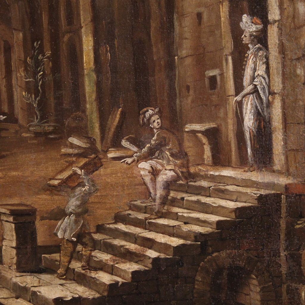 Antique Italian Painting From The 18th Century, Architectural Capriccio With Figures photo Art